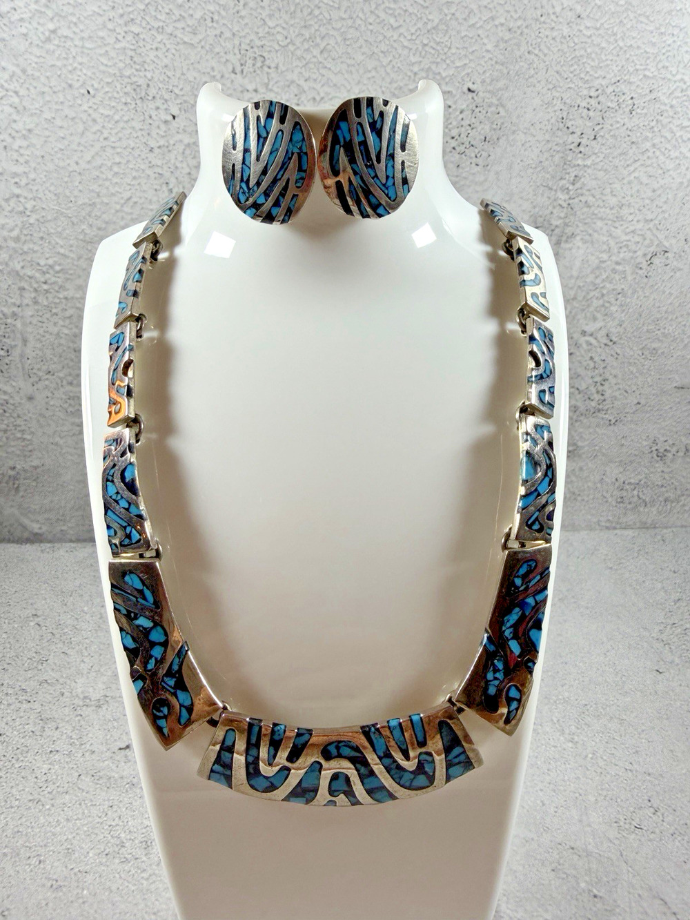 Vintage Mexico Turquoise Inlay Necklace and Earrings